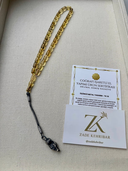 10x6mm Fosilli Kaliningrad Damla Kehribar Tesbih - Bozkurt Kafalı 1000 Ayar Gümüş Trabzon Kazaziye