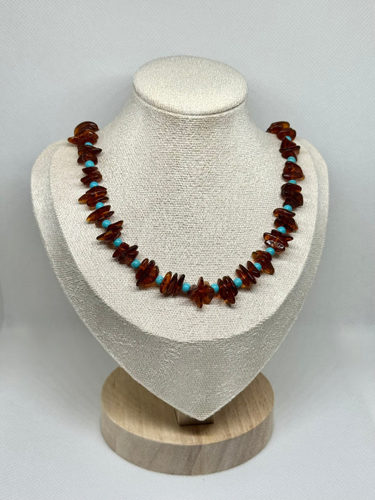 Barnsteen & Natuursteen Ketting - Cognac & Turkuoois (46 cm)