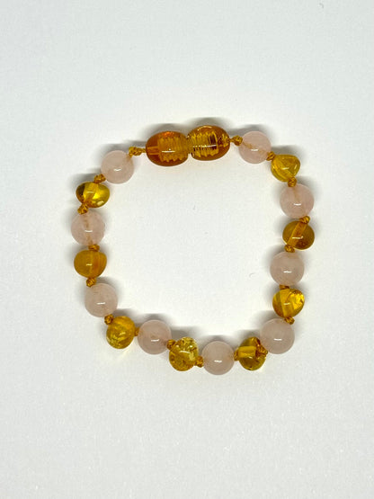 Kehribar ve Doğal Taş Bileklik - Bal ve Gül Kuvars (13 cm)