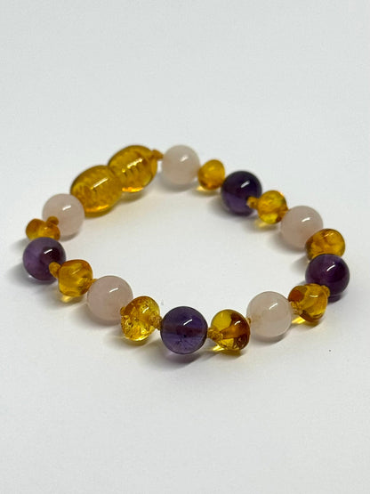 Kehribar ve Doğal Taş Bileklik - Bal, Gül Kuvars ve Ametist (14 cm)