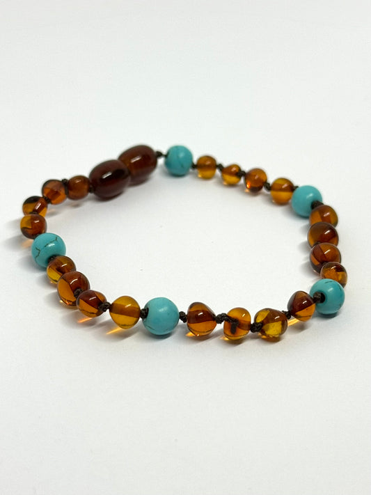 Barnsteen & Natuursteen Armband - Cognac & Turkuoois (19 cm)