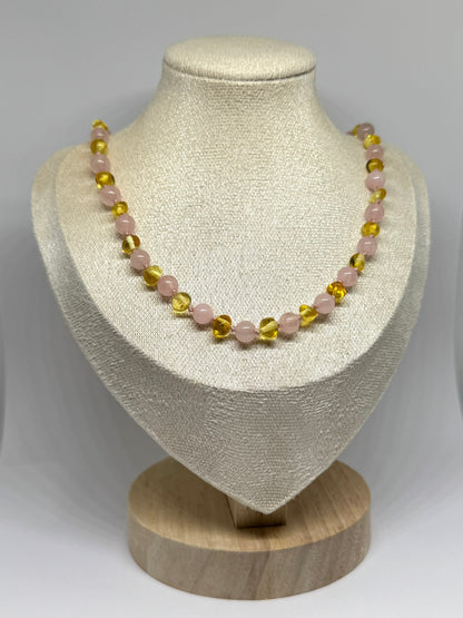 Barnsteen & Natuursteen Ketting - Honing & Rozenkwarts (45 cm)