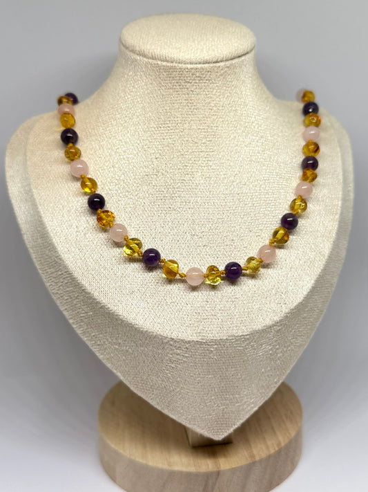 Kehribar ve Doğal Taş Kolye - Bal &amp; Gül Kuvars &amp; Ametist (45 cm)