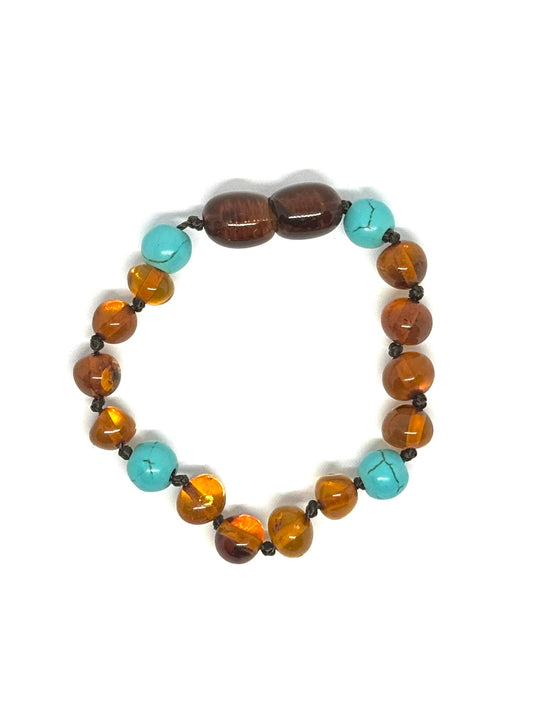 Barnsteen & Natuursteen Armbandje - Cognac & Turkuoois (12 cm)