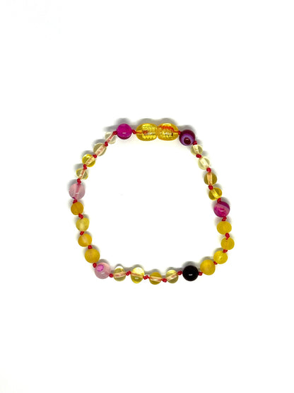 Barnsteen & Natuursteen Armband - Citroen & Roze Agaat (17-20 cm)