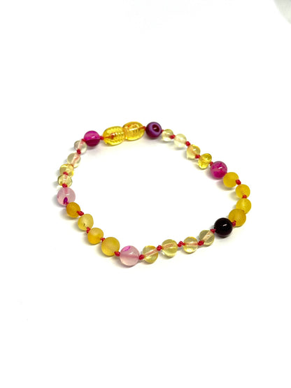 Barnsteen & Natuursteen Armband - Citroen & Roze Agaat (17-20 cm)