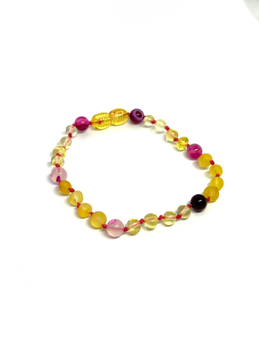 Barnsteen & Natuursteen Armband - Citroen & Roze Agaat (17-20 cm)